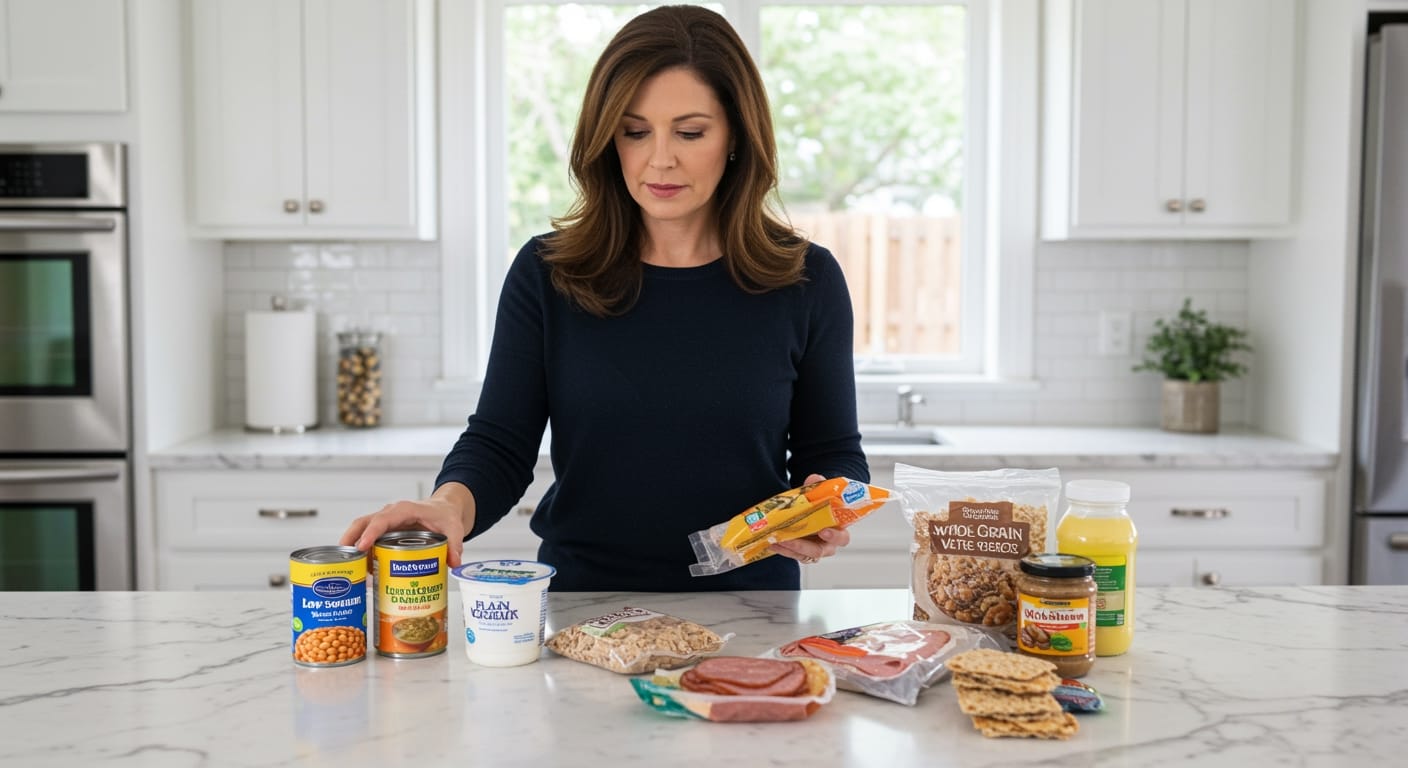 Woman holding canned beans and frozen vegetables while examining various processed food items on marble countertop in modern kitchen