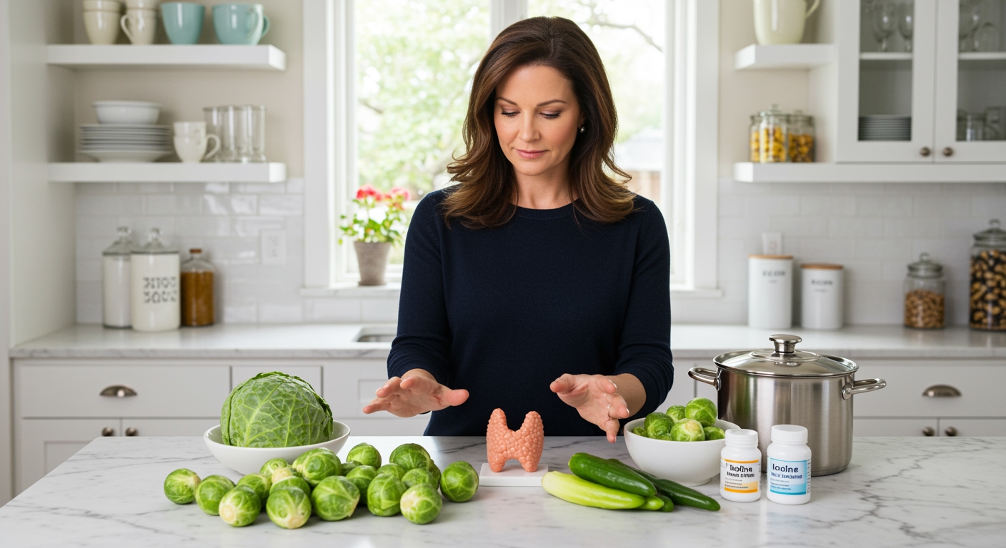 Woman arranging Brussels sprouts and thyroid health items on marble countertop in bright modern kitchen with natural lighting