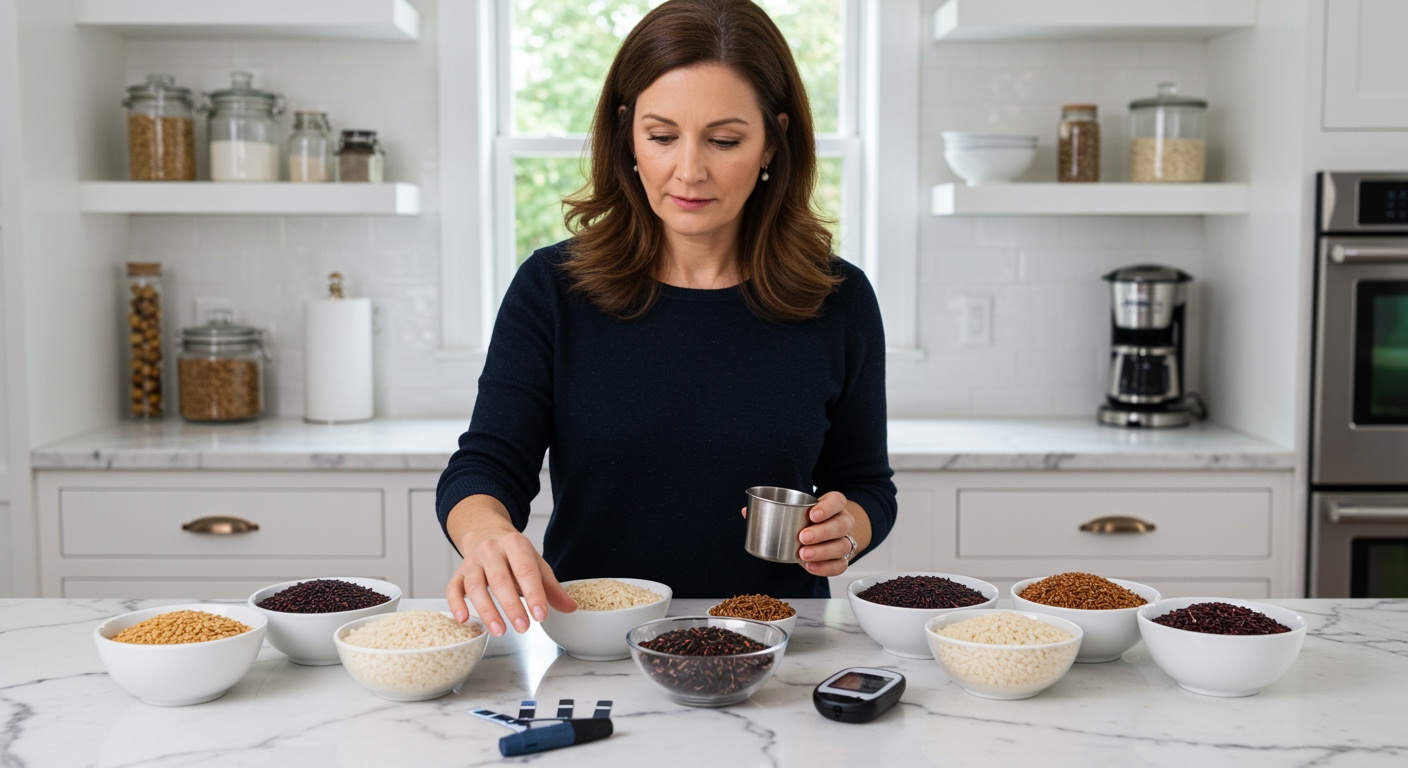 Woman examining different rice varieties on marble counter with blood glucose meter in modern kitchen setting