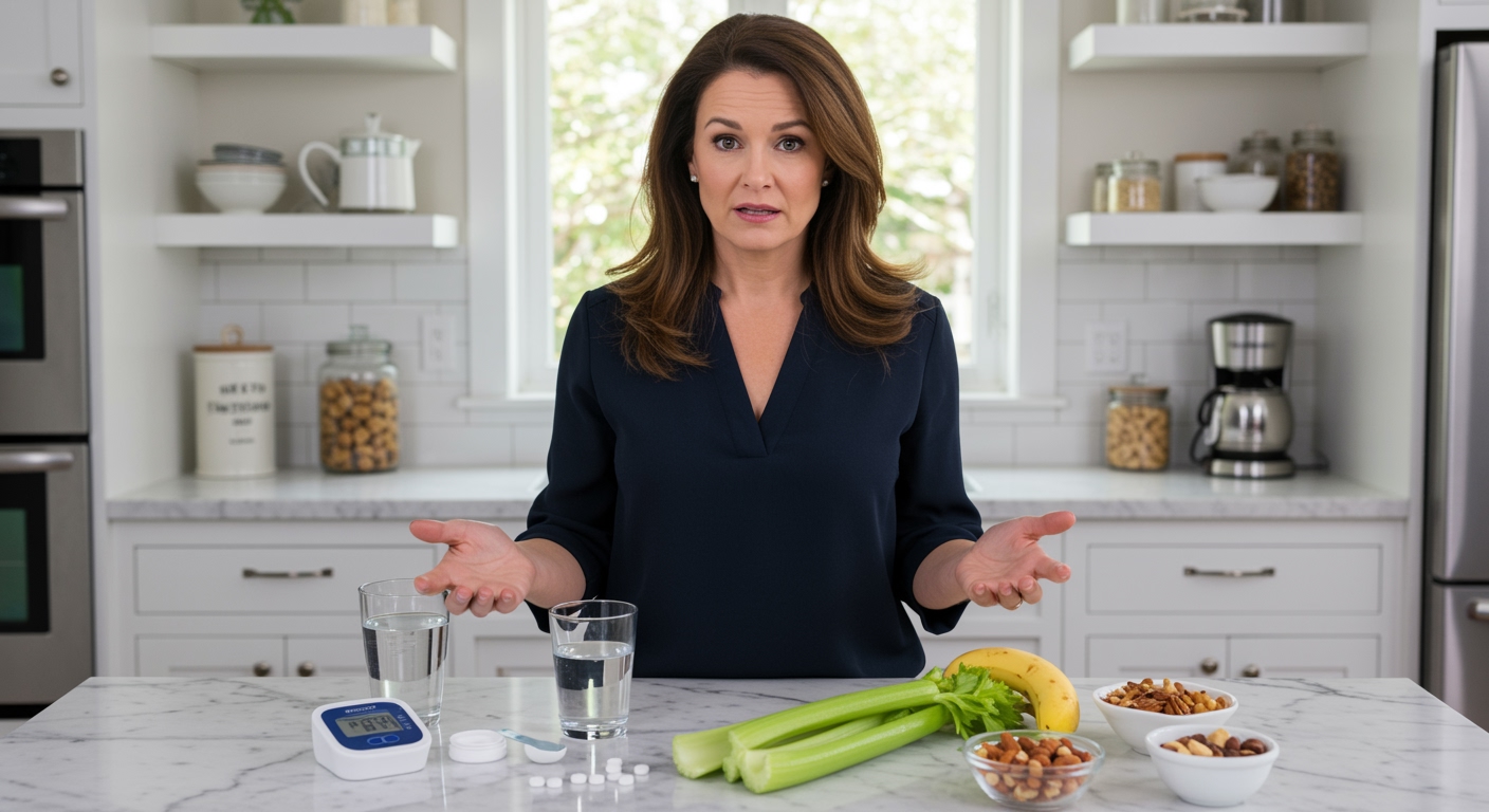 Woman standing behind marble counter with blood pressure monitor, salt tablets, water glass, and healthy foods in bright kitchen