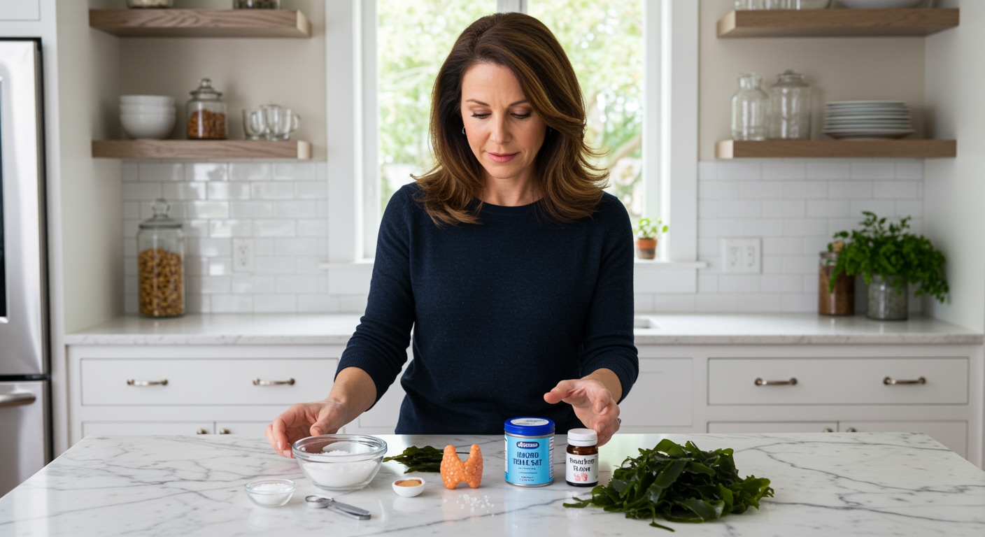 Woman examining sea salt and iodized salt containers on marble countertop with thyroid model and supplements in modern kitchen
