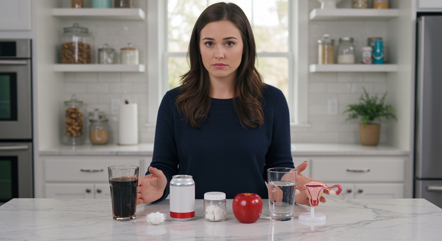 Woman standing behind marble counter comparing soda cans, sugar, artificial sweeteners, apple, water glass, and ovary model