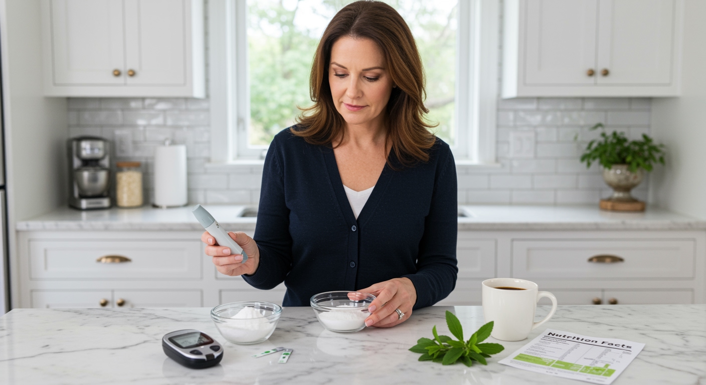 Woman examining stevia powder and glucose meter on marble countertop with diabetes management items in modern kitchen