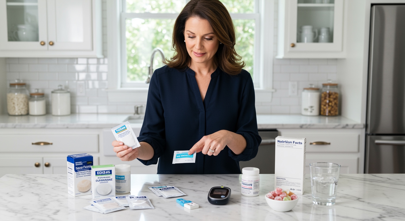 Woman examining sugar alcohol packets and diabetes testing supplies on white marble kitchen countertop in modern kitchen
