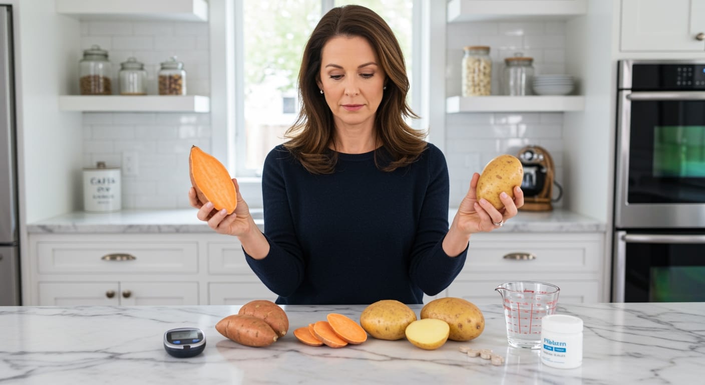 Woman holding sweet potato and regular potato while standing behind marble countertop with glucose meter and food samples