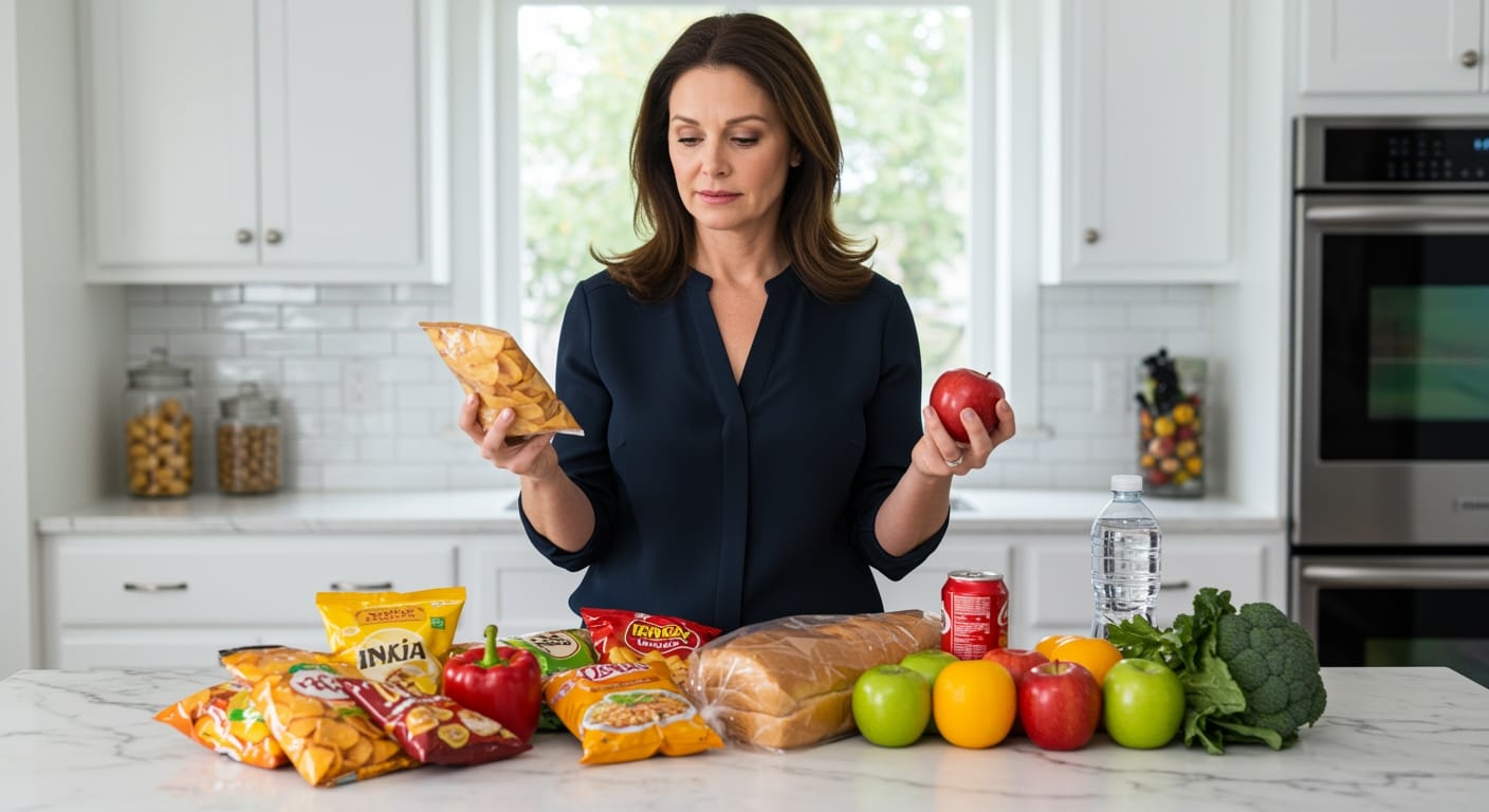 Woman holding processed food and apple while standing behind marble counter with various packaged and whole foods