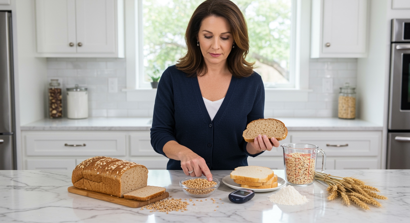 Middle-aged woman examining whole grain bread and wheat products on marble countertop with blood glucose meter in modern kitchen