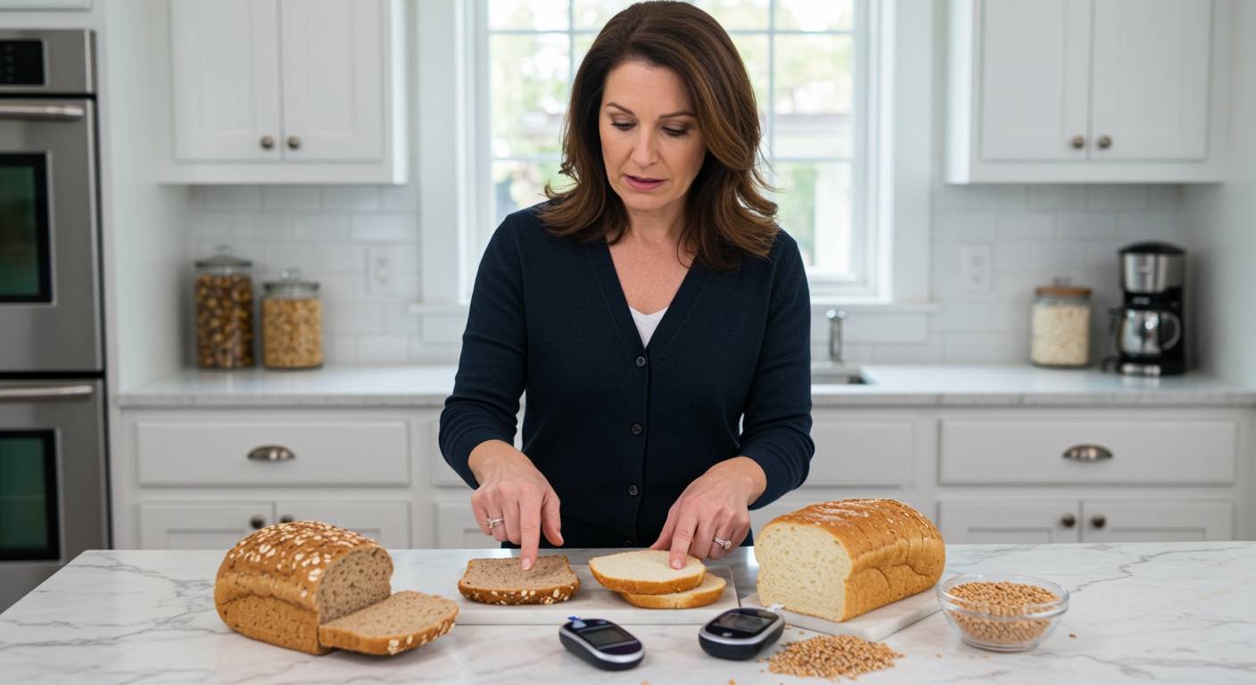 Woman examining whole-grain and white bread slices on marble countertop with blood glucose meter and wheat grains visible