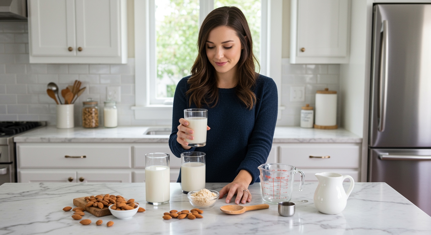 Young woman holding glass of milk while standing behind marble counter with almond milk, cow milk, and almonds displayed