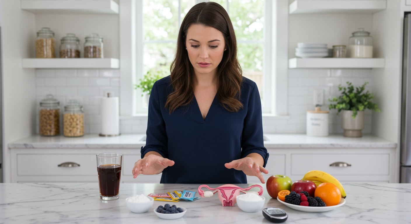 Woman examining artificial sweeteners and natural fruits on marble counter with PCOS-related items in modern kitchen setting.