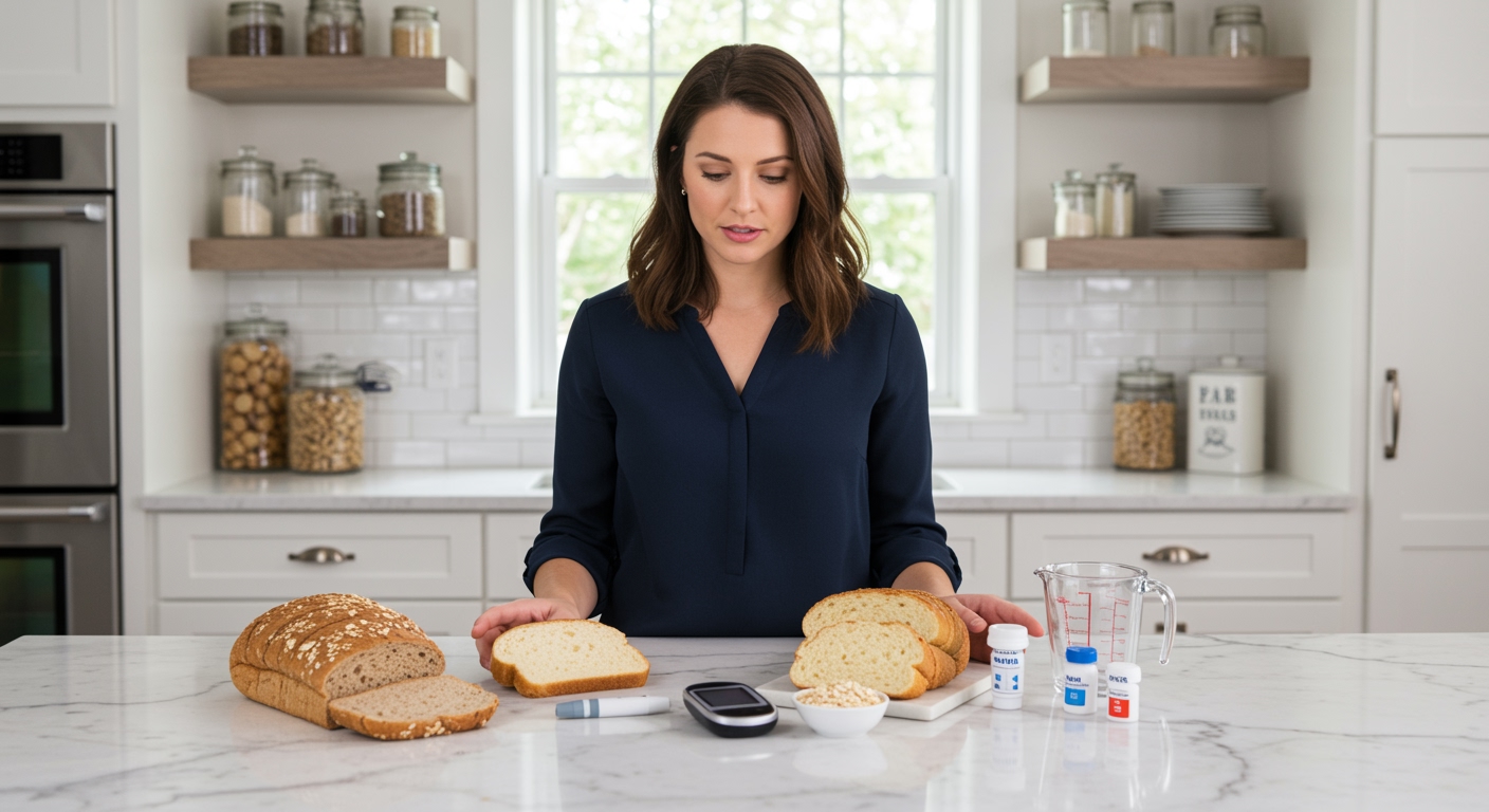 Woman examining different bread types on marble counter with health monitoring tools and ingredients in modern kitchen