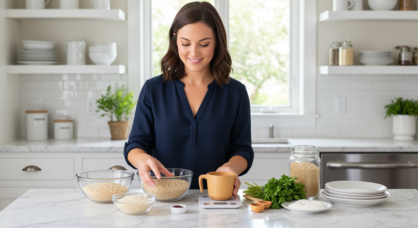 Woman standing behind marble countertop with bowls of brown rice, white rice, and measuring tools in bright modern kitchen