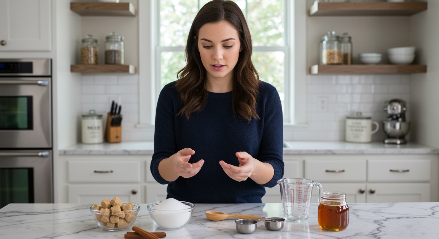 Woman examining brown sugar and sweetener alternatives on marble countertop in bright modern kitchen setting
