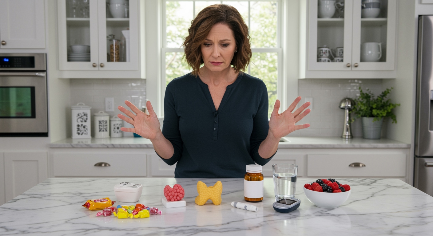 Woman standing behind marble counter examining colorful candy and thyroid medication bottle with glucose meter and thyroid model visible