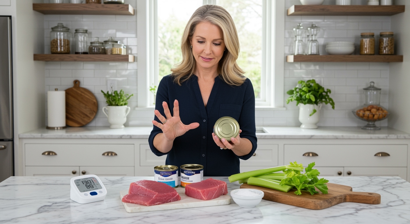 Woman examining two unlabeled cans on marble counter with fresh tuna, blood pressure monitor, and heart-healthy foods in bright kitchen