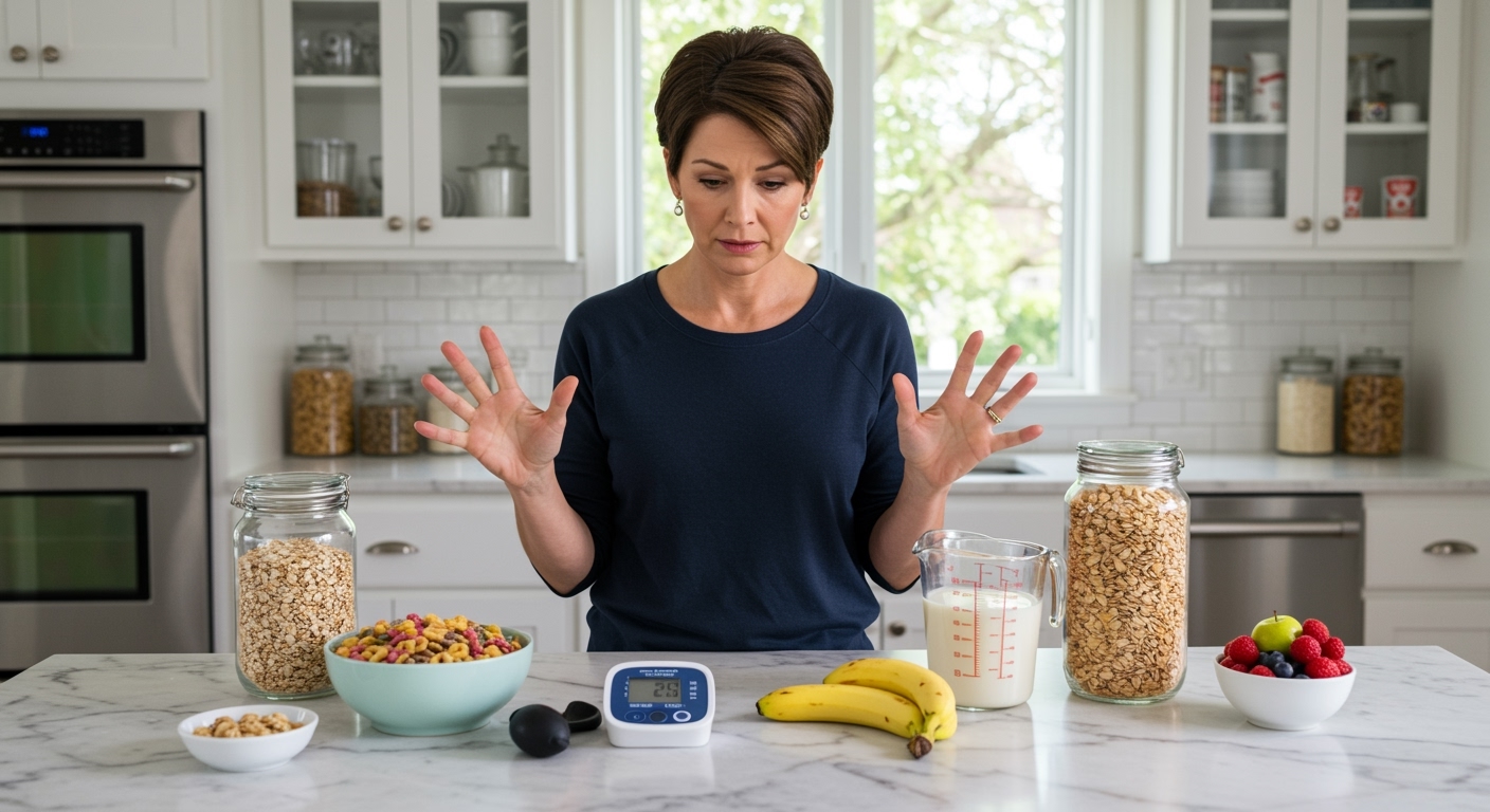 Woman examining two cereal containers on marble countertop with blood pressure monitor and fresh fruits in bright modern kitchen
