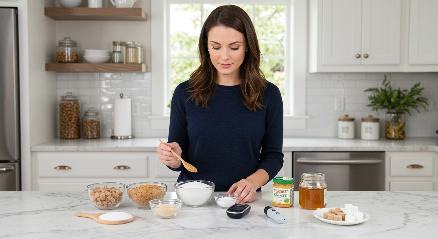 Woman examining coconut sugar and other sweeteners on marble counter with measuring tools and glucose meter in bright kitchen