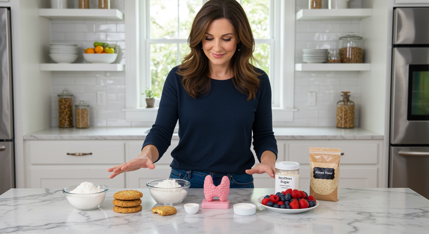 Woman standing behind marble counter examining cookies and thyroid model with various baking ingredients displayed in kitchen