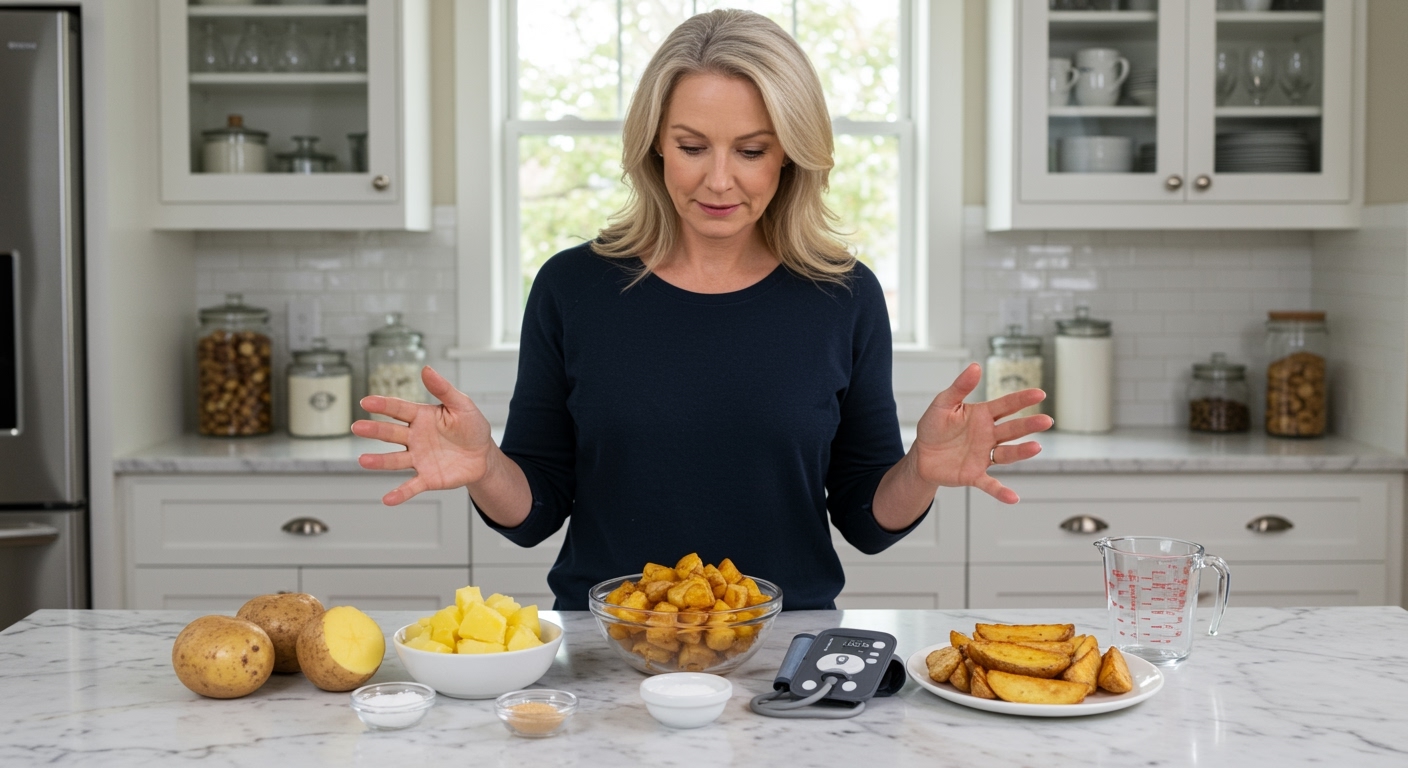 Middle-aged woman examining raw, boiled, and baked potatoes with blood pressure monitor and heart model on white marble countertop