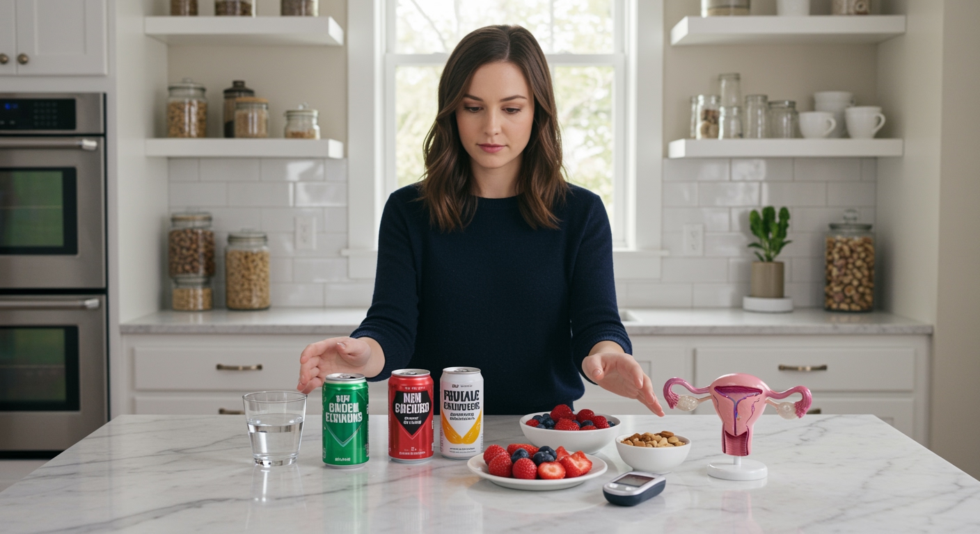 Woman standing behind marble counter comparing energy drinks with healthy foods including berries and nuts in bright kitchen