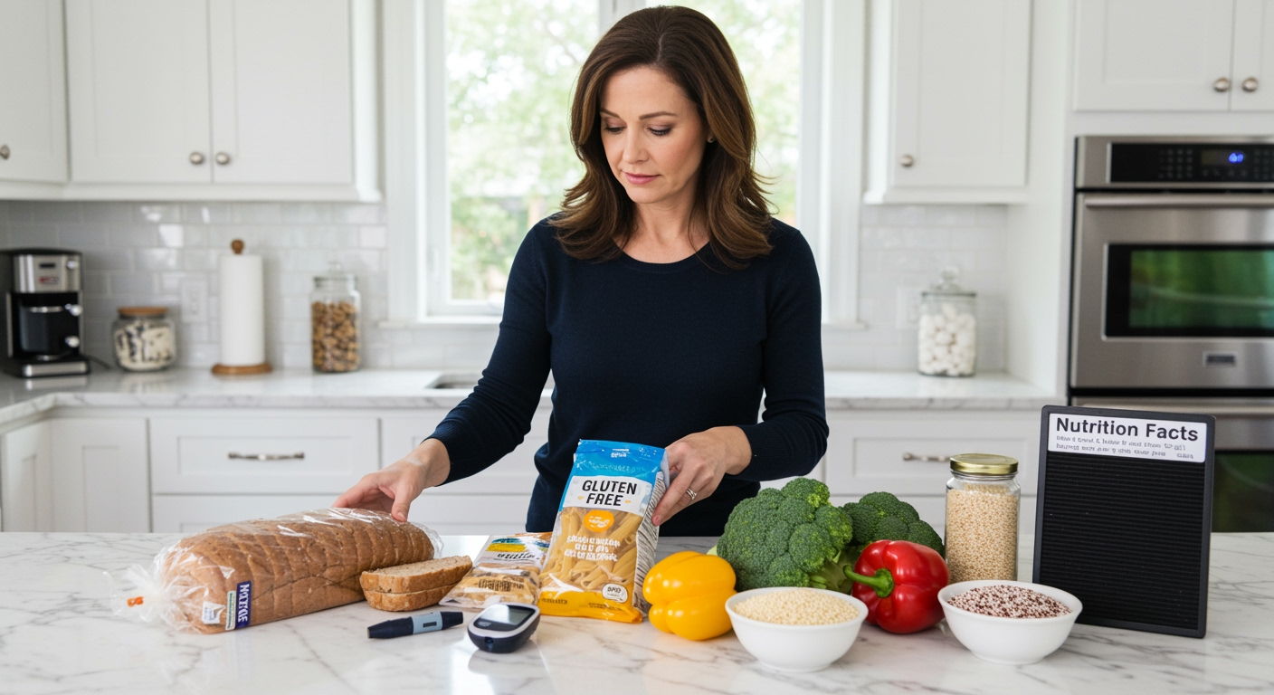 Woman examining gluten-free bread and other food products on marble countertop with blood glucose meter and fresh vegetables