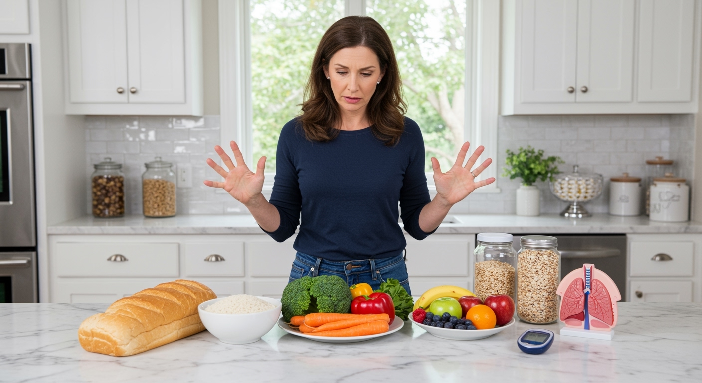 Woman standing behind marble counter comparing white bread and vegetables with anatomical lung model and health items visible