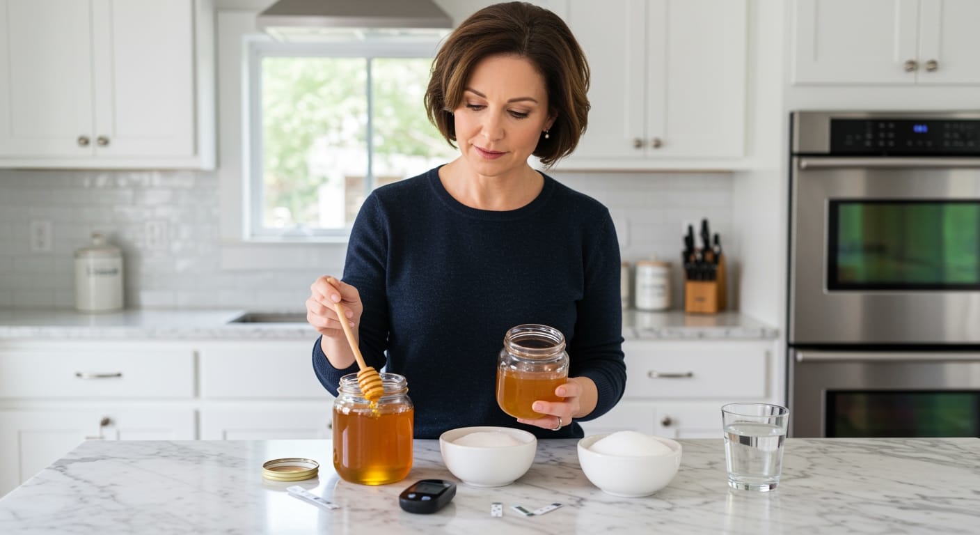Woman holding honey jar and wooden dipper at kitchen counter with sugar bowl, glucose meter, and test strips arranged on marble surface