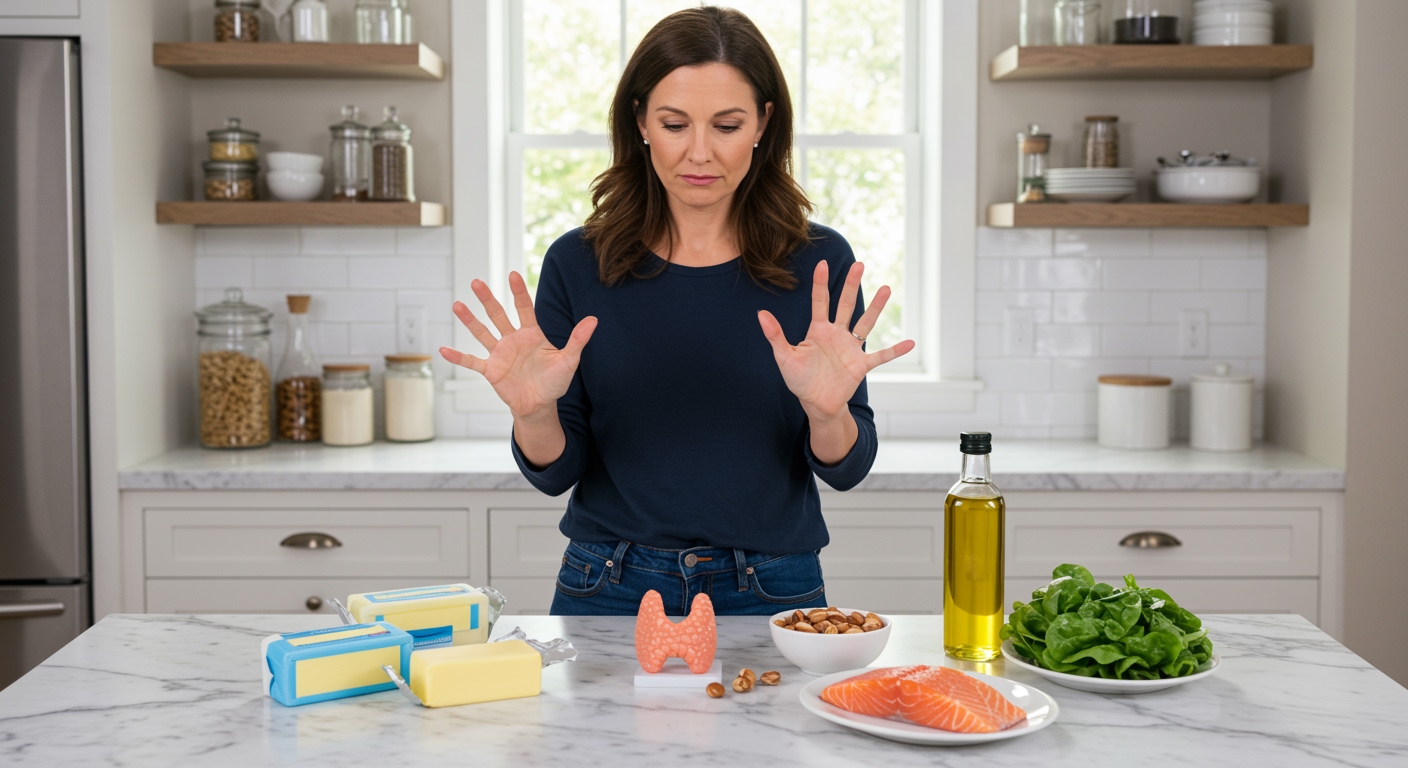 Woman holding margarine and butter while standing behind marble counter with thyroid model, cooking oil, nuts, greens, and salmon