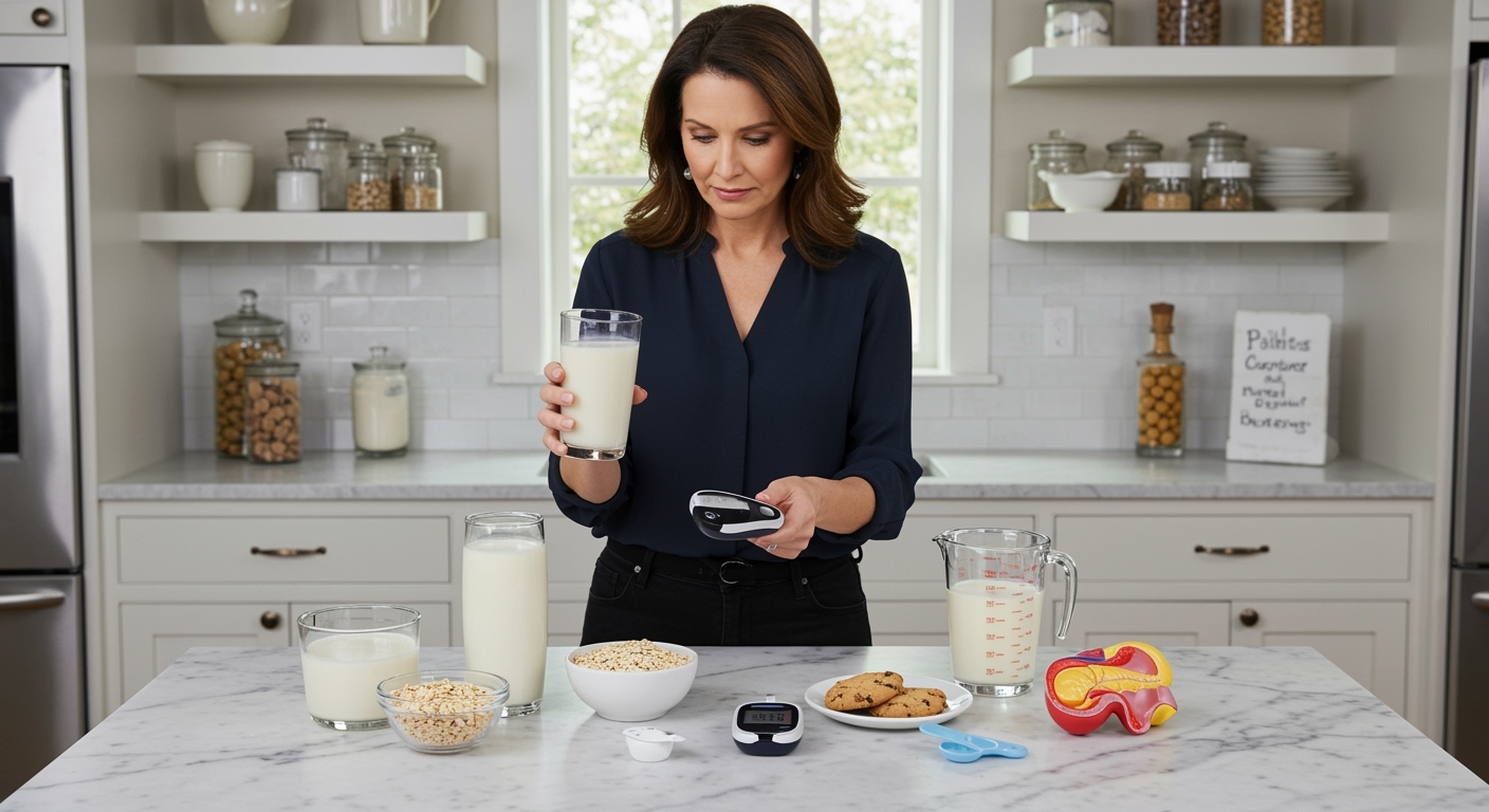 Middle-aged woman holding glass of oat milk and pointing at blood glucose meter on white marble counter with dairy products visible