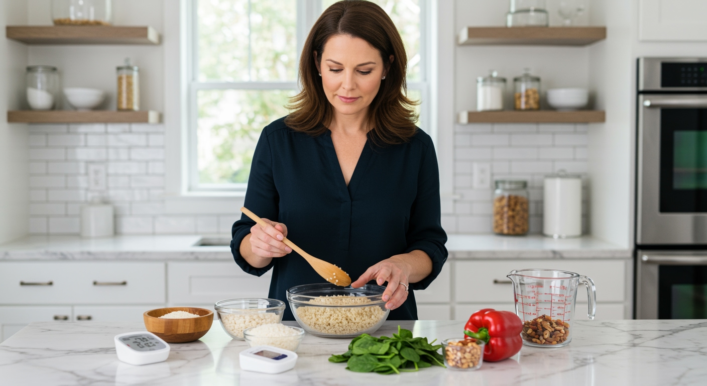 Middle-aged woman examining quinoa and rice bowls on marble countertop with blood pressure monitor and fresh vegetables