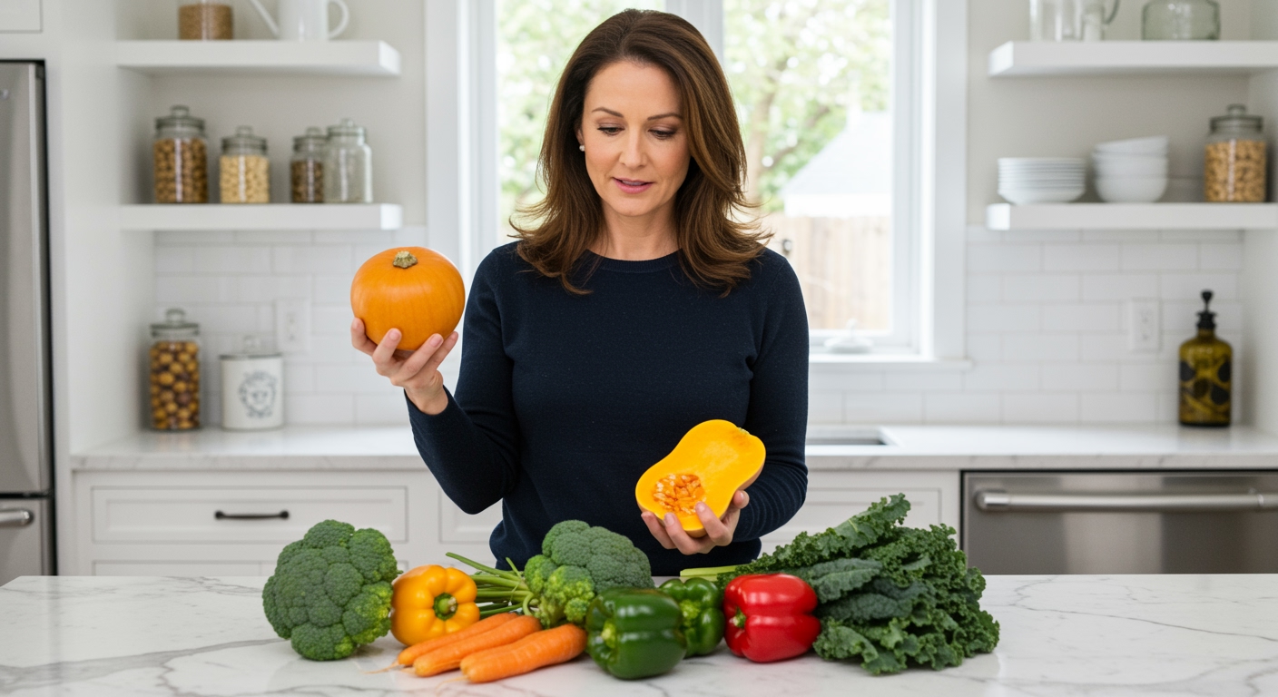 Woman holding butternut squash behind marble counter with broccoli, kale, carrots, and peppers in modern kitchen