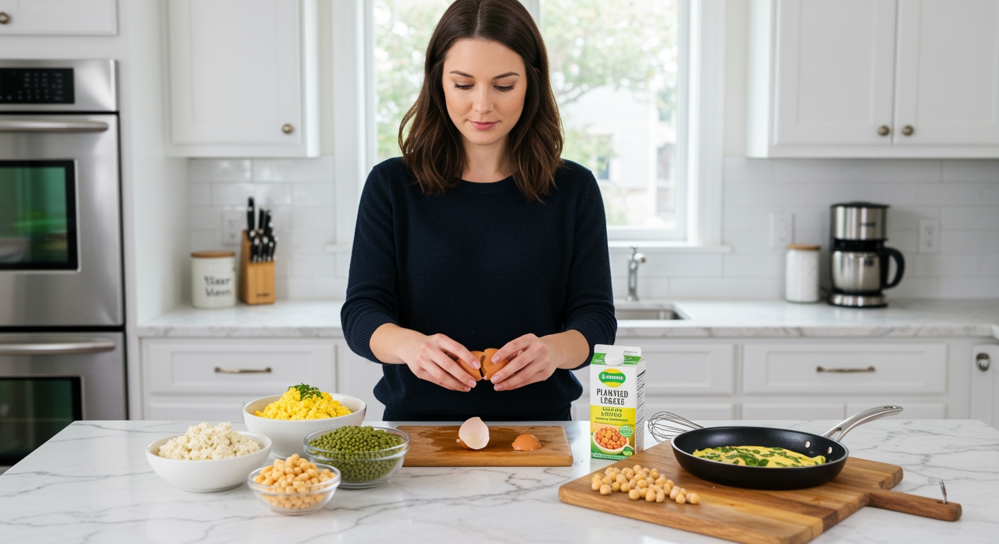 Woman cracking egg on marble countertop with plant-based egg alternatives including tofu scramble and mung beans visible