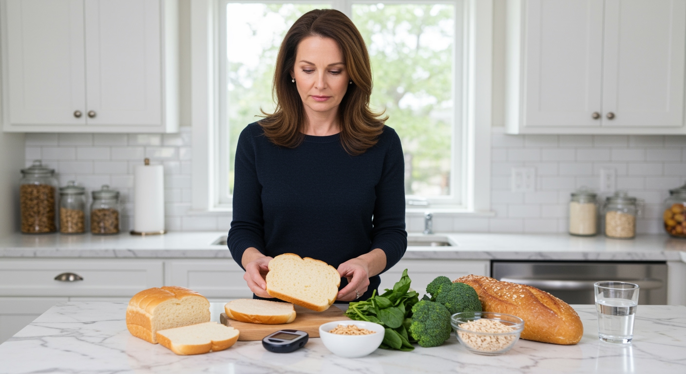 Woman examining white bread slices on marble countertop with glucose meter and healthy food alternatives in modern kitchen
