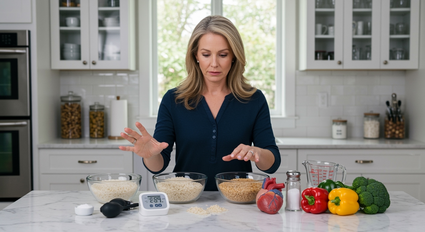 Middle-aged woman standing behind marble counter comparing bowls of white and brown rice with blood pressure monitor and vegetables