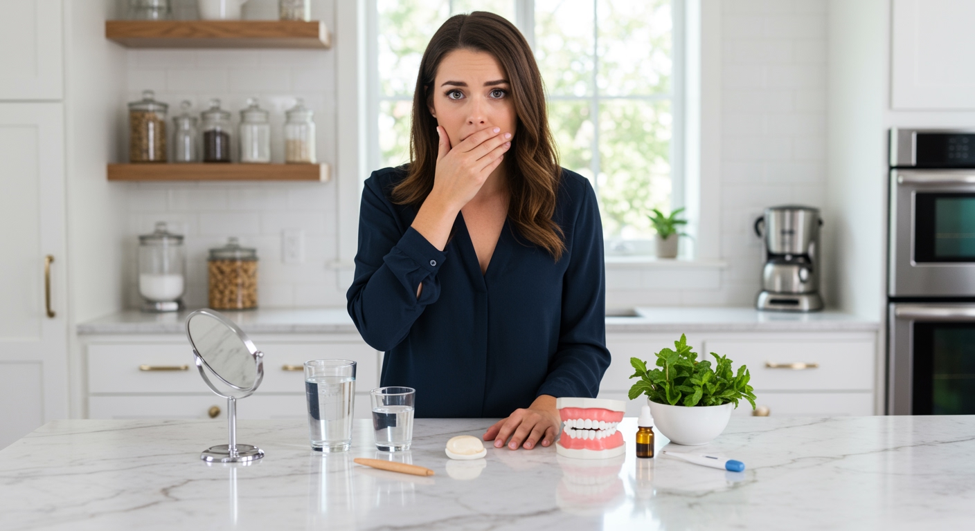 Young woman covering mouth with worried expression standing behind marble counter with oral health items in bright kitchen