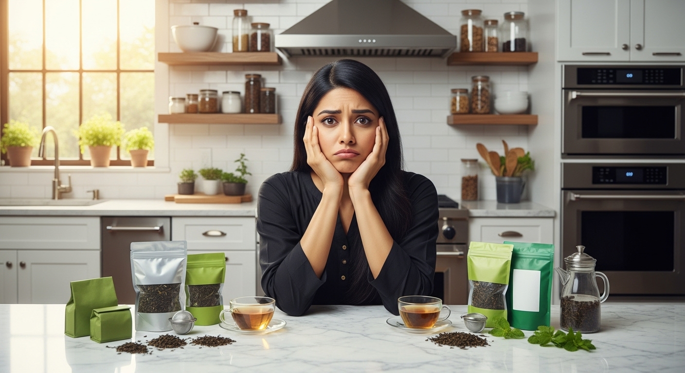 Indian woman with confused expression sitting at marble countertop with multiple green tea packages and tea accessories