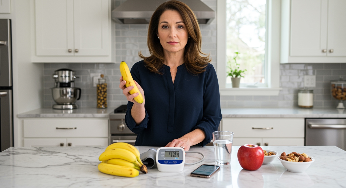 Middle-aged woman holding banana behind kitchen counter with blood pressure monitor and healthy foods on marble surface