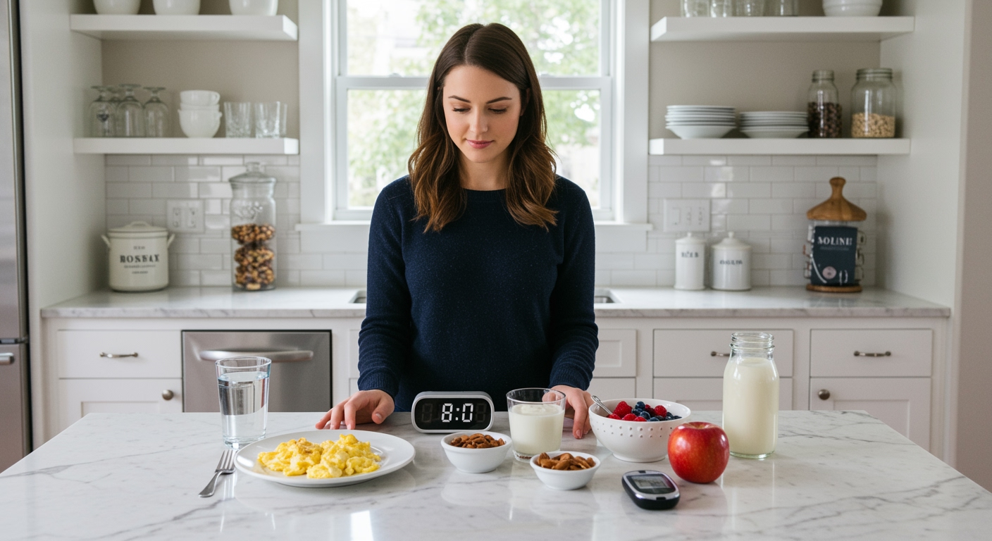 Woman standing behind marble counter with breakfast foods including eggs, oatmeal, yogurt, and glucose meter in bright kitchen