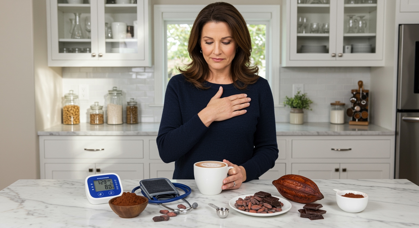 Woman holding cocoa cup with blood pressure monitor and cocoa products arranged on white marble countertop in bright kitchen