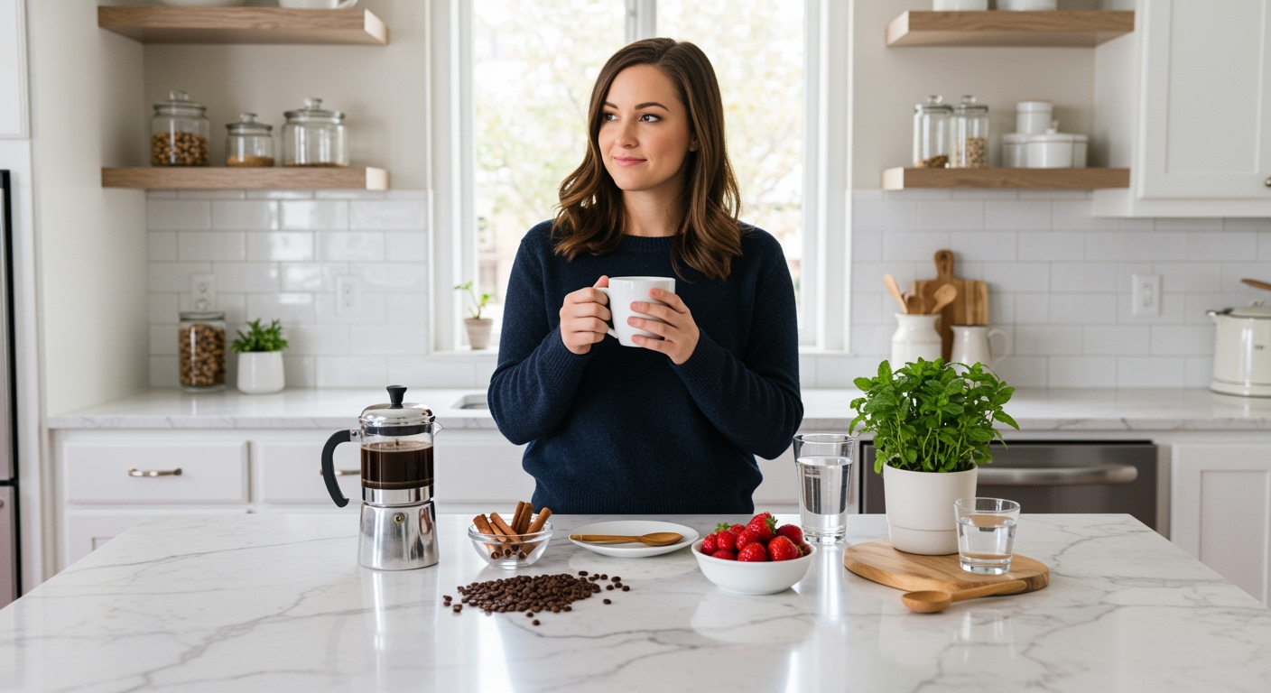 Young woman holding coffee mug behind marble counter with coffee beans, berries, and herbs in bright modern kitchen
