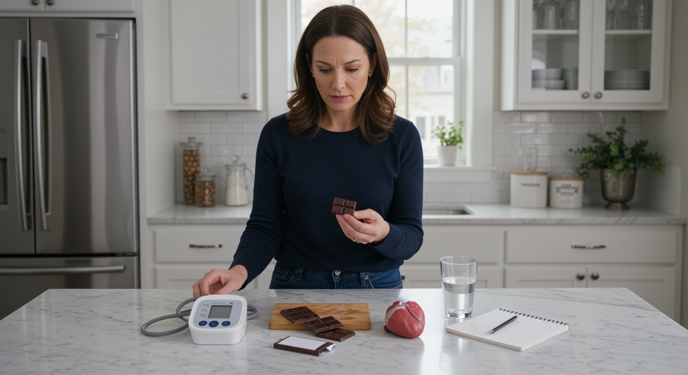 Woman holding dark chocolate piece while standing behind marble counter with blood pressure monitor and heart model in bright kitchen