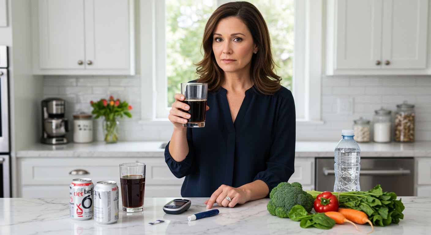Woman holding diet soda while standing behind kitchen counter with blood glucose meter and healthy foods visible