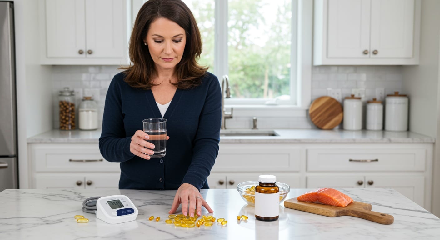 Middle-aged woman holding water glass while examining fish oil capsules on marble countertop with blood pressure monitor