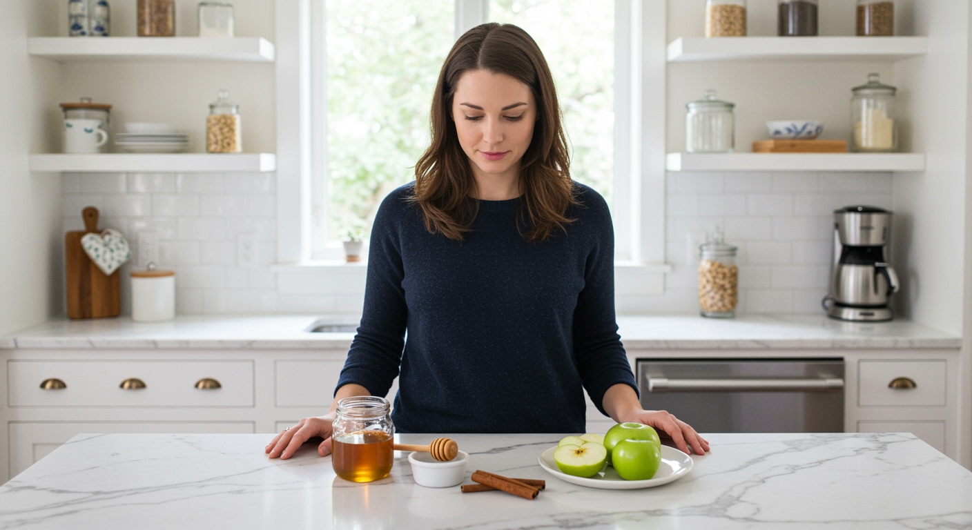 Woman standing behind marble countertop examining honey jar and natural ingredients in bright modern kitchen setting