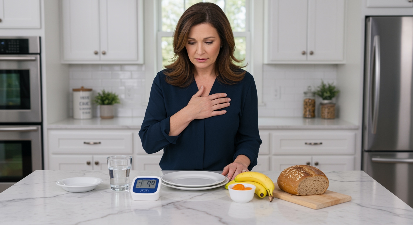 Woman standing behind kitchen counter with blood pressure monitor, empty plate, and healthy foods while touching chest