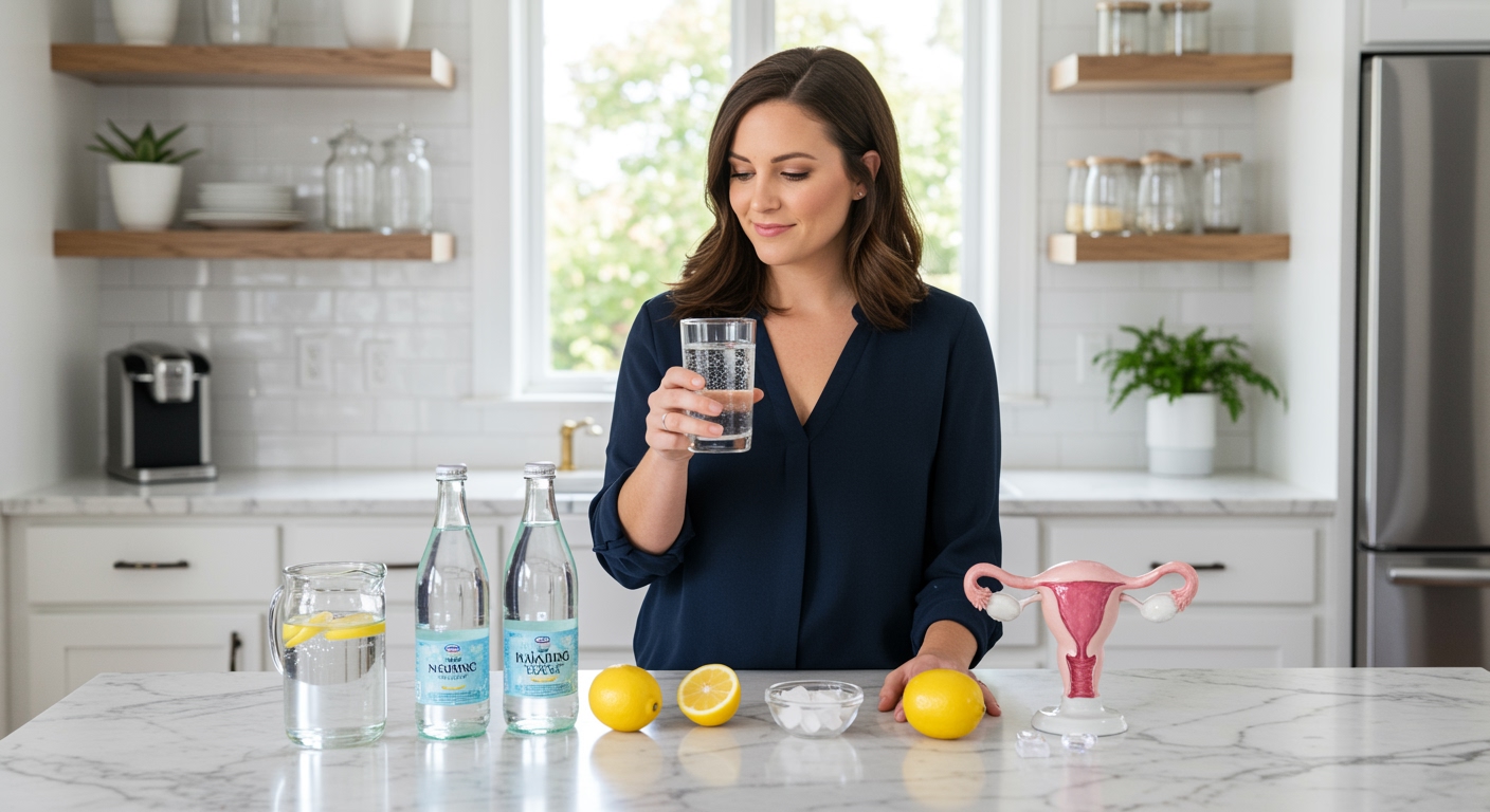 Woman holding sparkling water glass behind marble counter with water bottles, lemon slices, and ceramic ovaries in bright kitchen