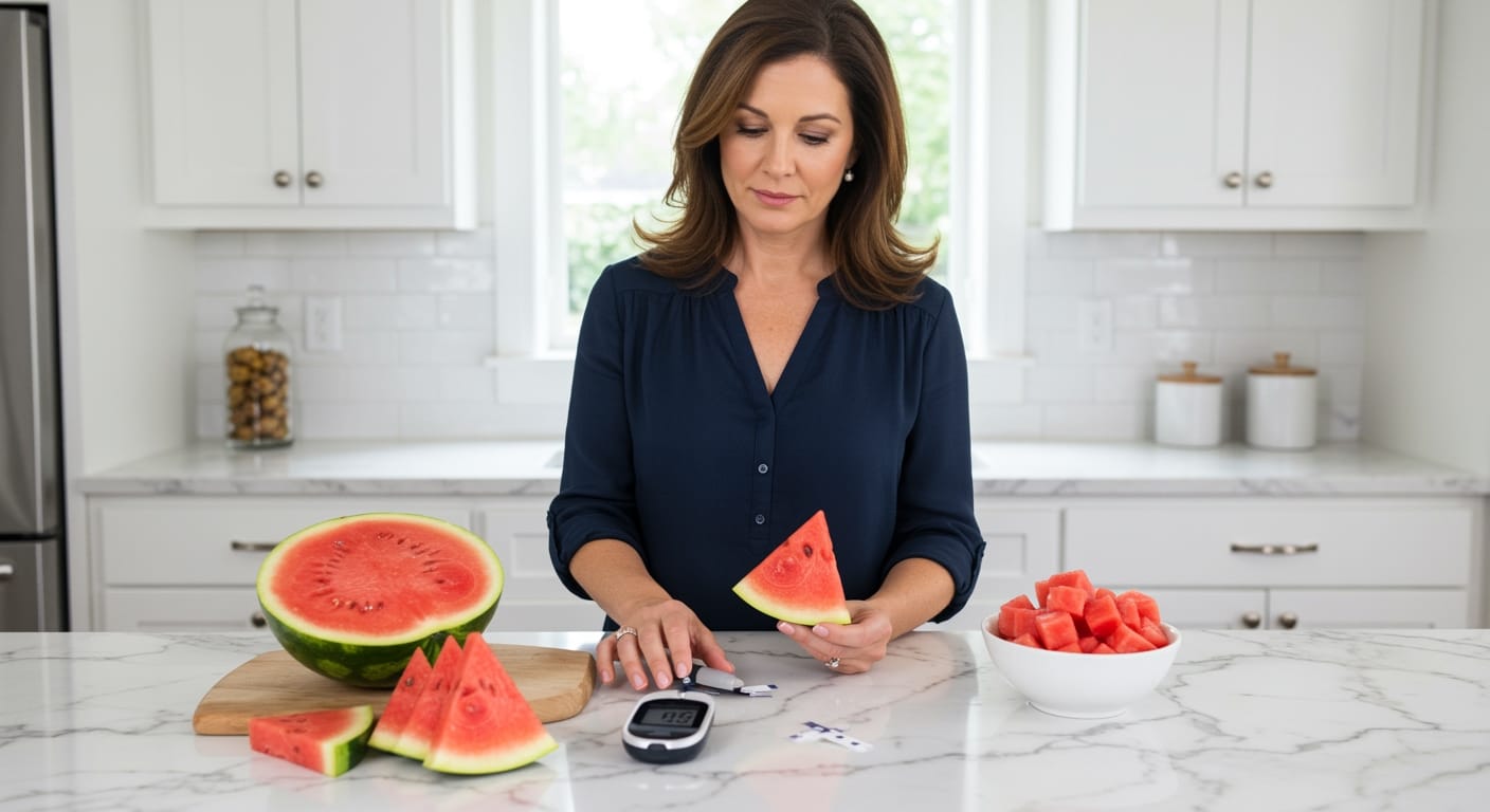 Woman holding watermelon slice with glucose meter and fresh fruit pieces on white marble kitchen counter