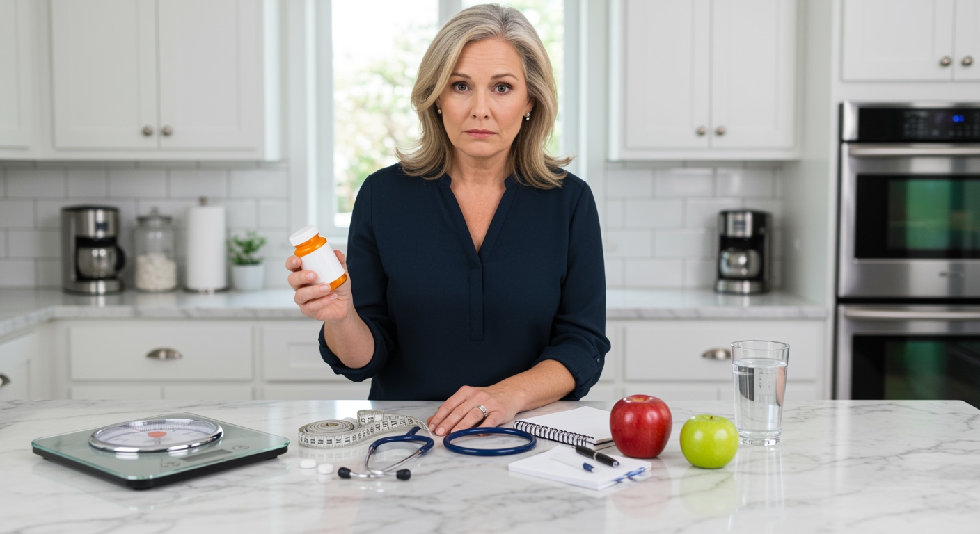 Woman holding prescription bottle behind marble counter with scale, measuring tape, and health monitoring items in modern kitchen