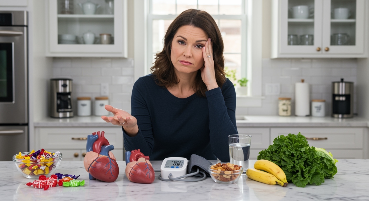 Middle-aged woman standing behind marble counter with candies, heart model, blood pressure cuff, water, vegetables, nuts, and banana.