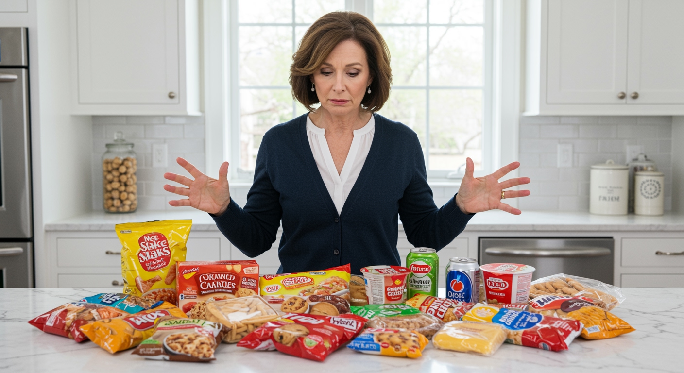 Middle-aged woman standing behind marble counter with hands placed beside various ultra-processed food packages in bright kitchen